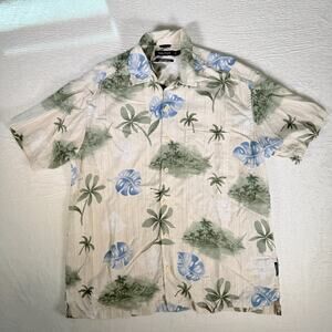 Nautica Mens Cream Leaf Print Silk Easy Care Beach Button Up Shirt Size Large